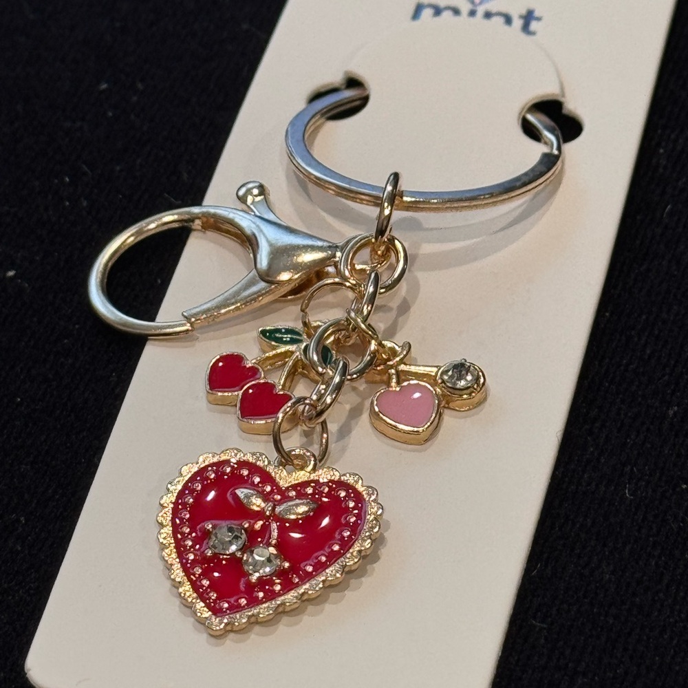 BAG CHARM Mint Heart and Cherry Keychain with Gold Accents 3.5 inch